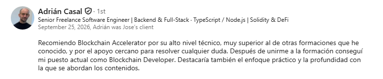 Recomendación en LinkedIn de Adrián Casal, Senior Freelance Software Engineer