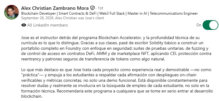 Recomendación en LinkedIn de Alex Christian Zambrano Mora, Blockchain Developer · Smart Contracts & DeFi