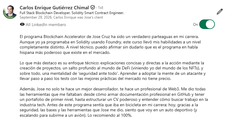 Recomendación en LinkedIn de Carlos Enrique Gutiérrez Chimal, Full Stack Blockchain Developer · Solidity Smart Contract Engineer