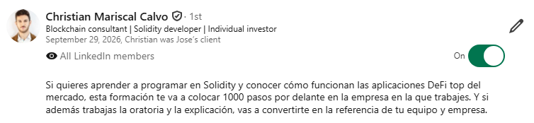 Recomendación en LinkedIn de Christian Mariscal Calvo, Blockchain consultant · Solidity developer · Individual investor