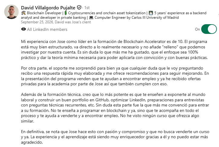 Recomendación en LinkedIn de David Villalgordo Pujalte, Blockchain Developer