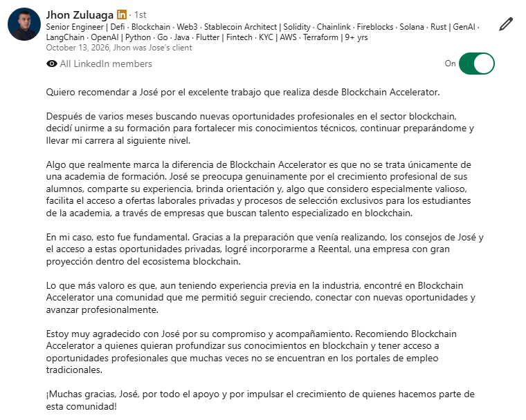 Recomendación en LinkedIn de Jhon Zuluaga, Senior Engineer · DeFi · Blockchain · Stablecoin Architect · Solidity